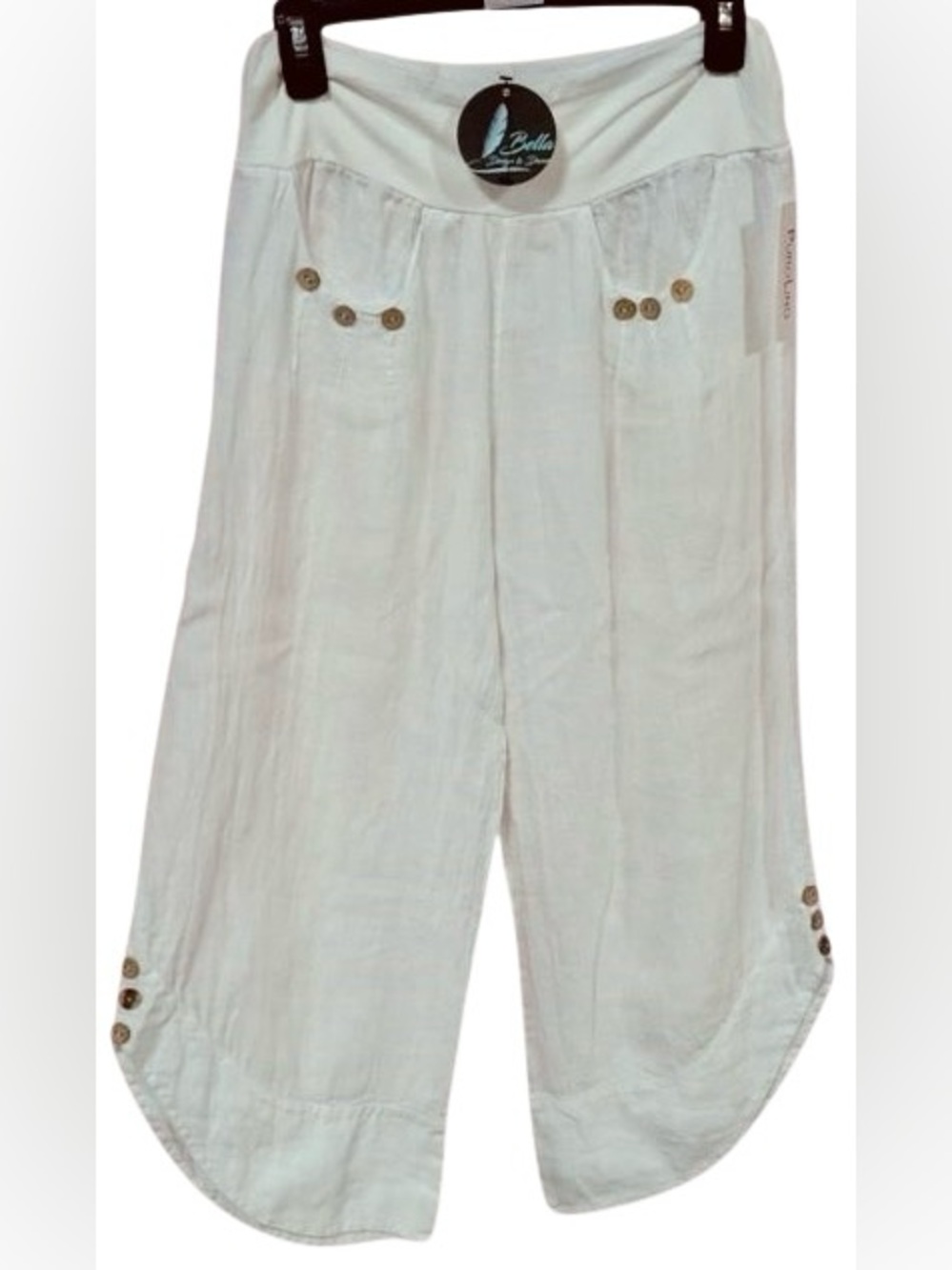 NWT Linen Cotton Pants PURO LINO White Tan Wood Buttons Designer Ankle Length